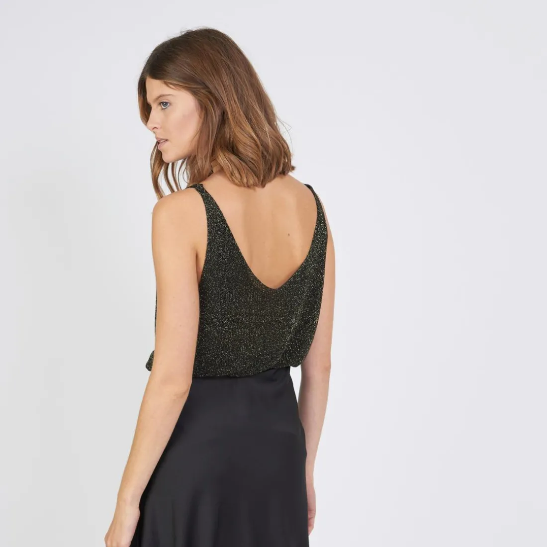 Débardeur col V devant et dos lurex Rachel en viscose noir