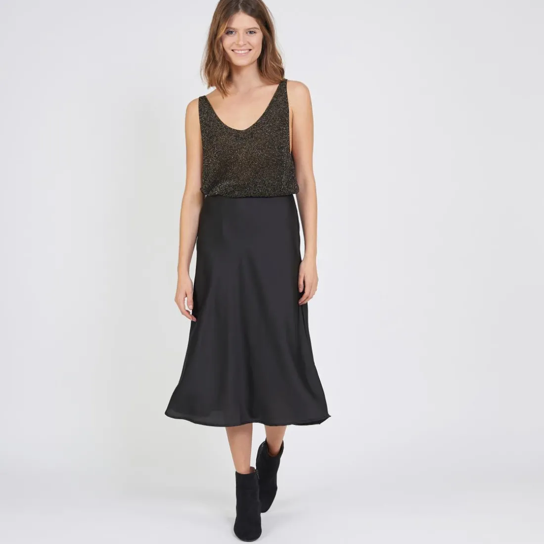 Débardeur col V devant et dos lurex Rachel en viscose noir