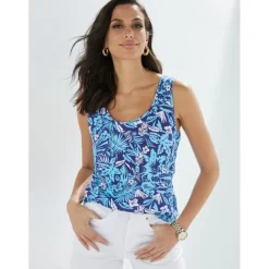 Débardeur imprimé tropical bleu en coton