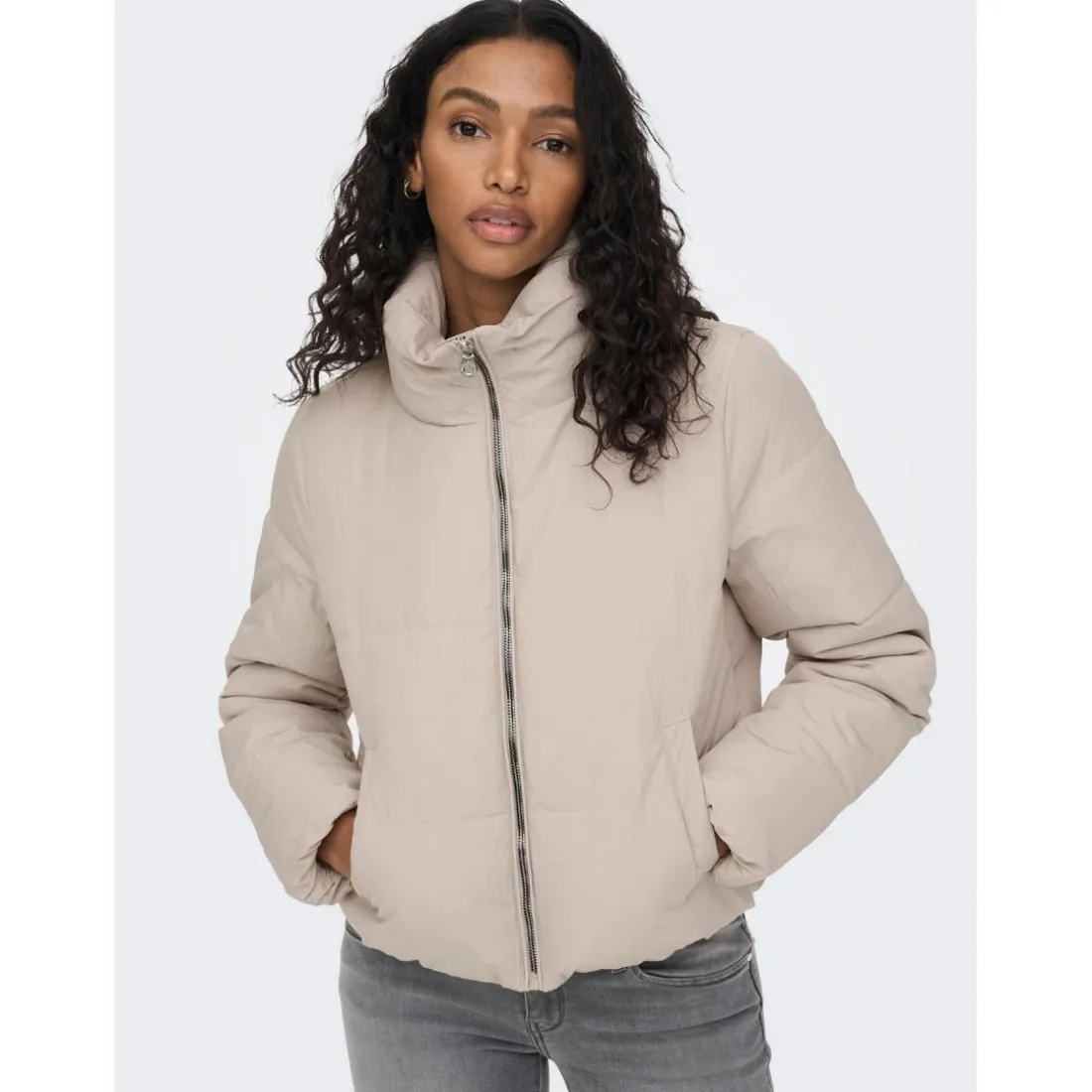 Doudoune Col haut Manches longues Court beige