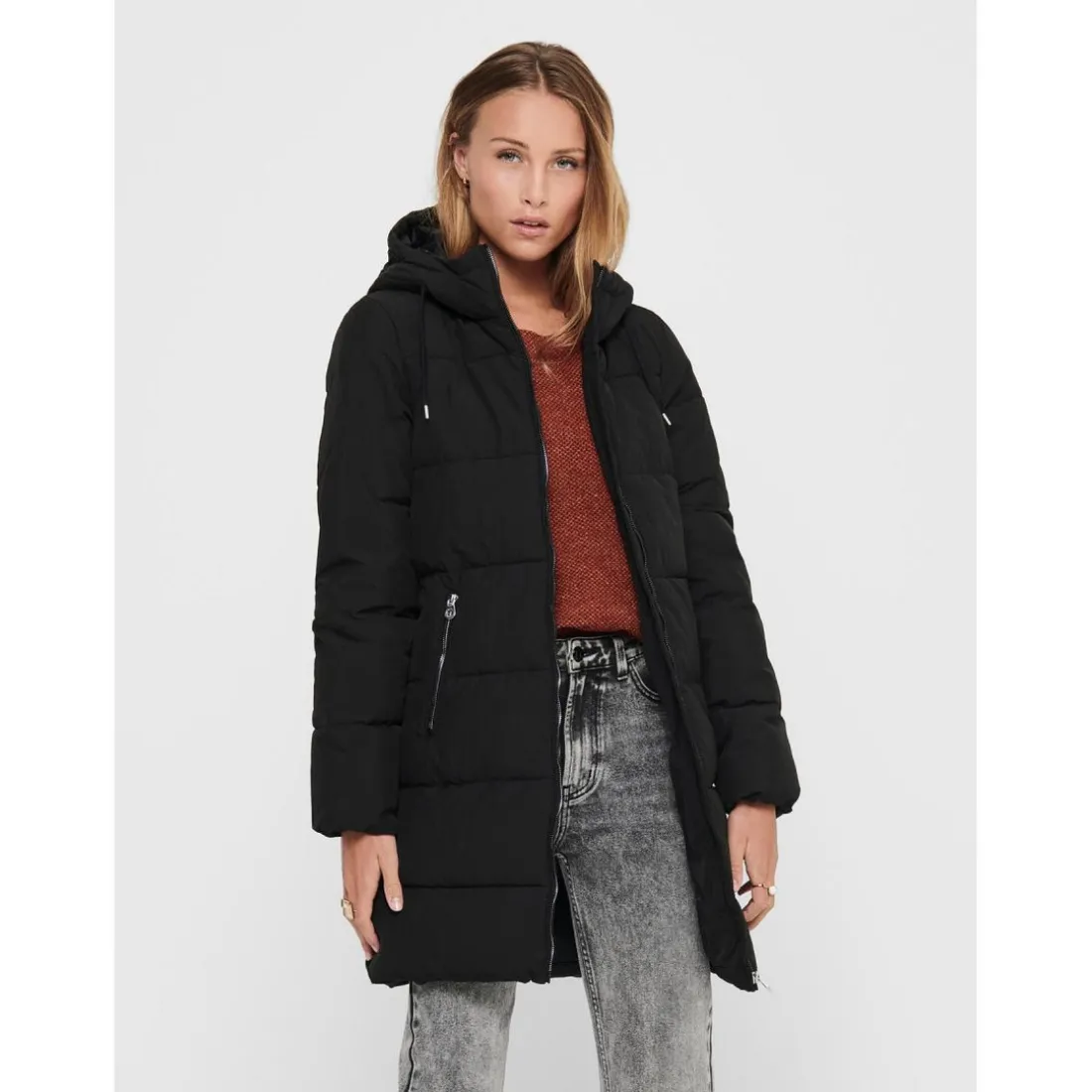 Doudoune Coupe-vent Capuche Finitions cordon de serrage Long noir
