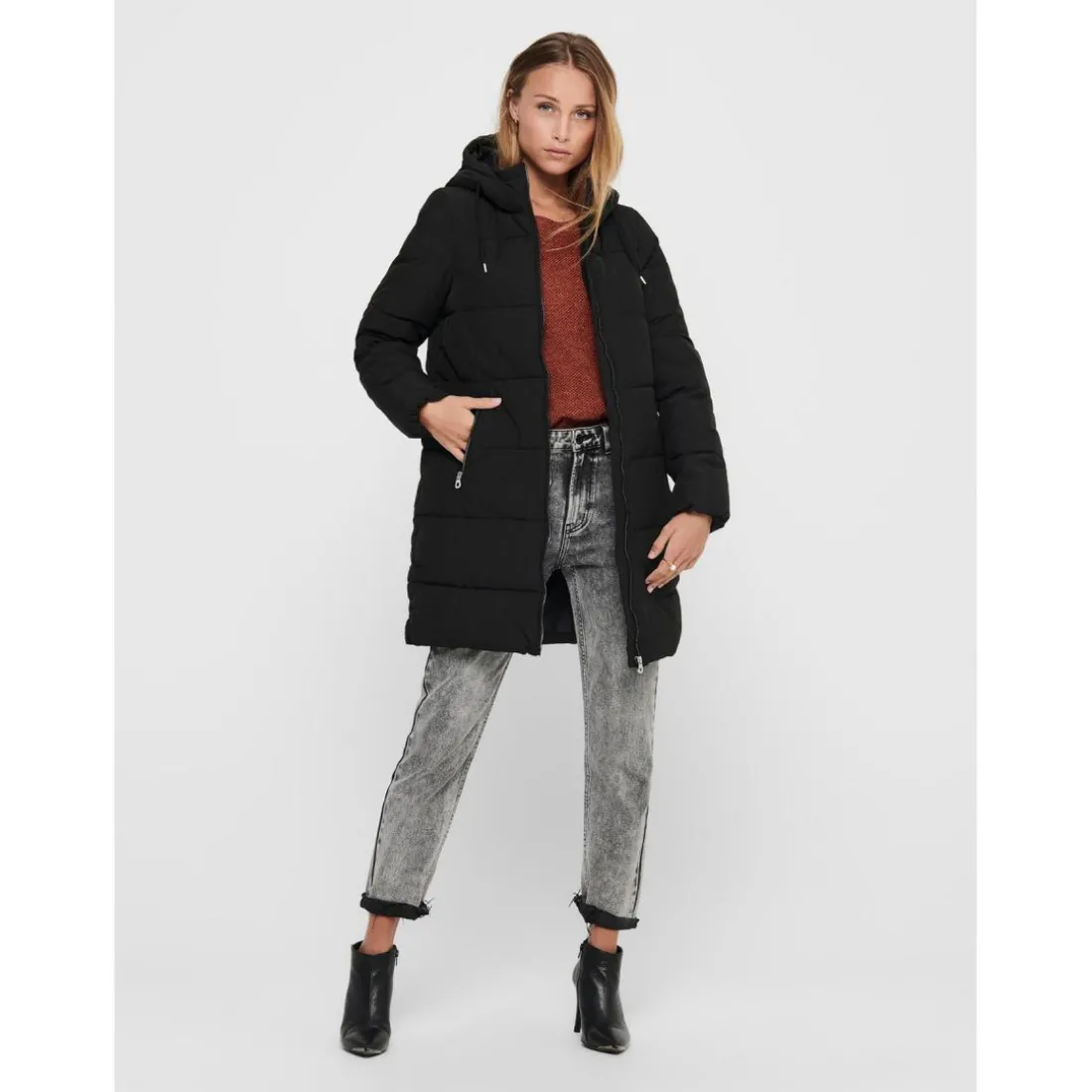 Doudoune Coupe-vent Capuche Finitions cordon de serrage Long noir