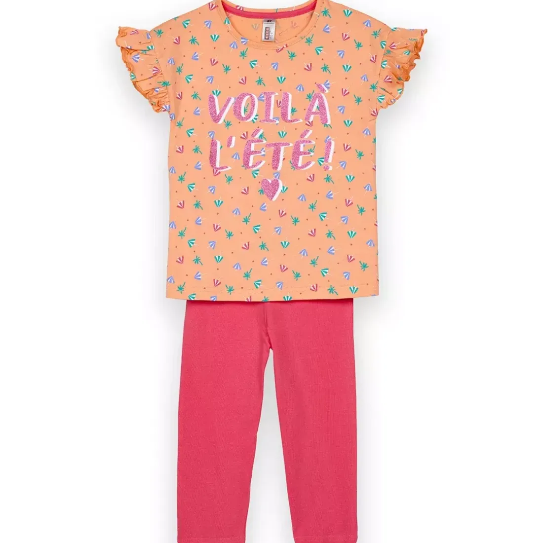 Ensemble Pyjama Filette corsaire haut imprimé et bas uni pêche