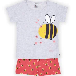 Ensemble Pyjama filette haut uni avant imprimé devant et short imprimé gris chiné