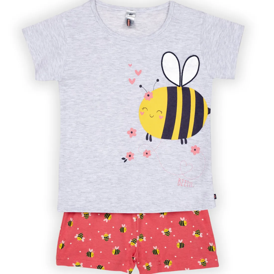 Ensemble Pyjama filette haut uni avant imprimé devant et short imprimé gris chiné