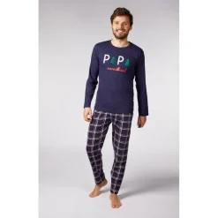 Ensemble Pyjama Long homme Bleu Marine Imprimé/ Bleu Marine à Carreaux Rouges en coton
