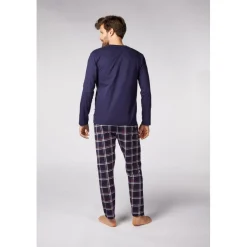 Ensemble Pyjama Long homme Bleu Marine Imprimé/ Bleu Marine à Carreaux Rouges en coton