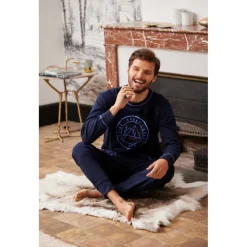 Ensemble Pyjama Long homme Bleu Marine Imprimé/ Bleu Marine en coton