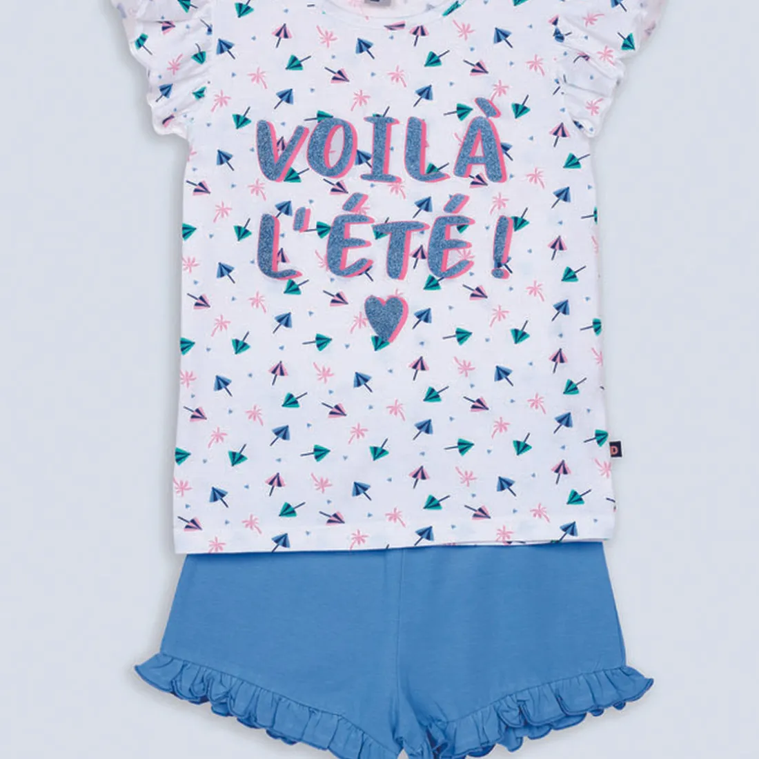Ensemble Pyjama short haut imprimé et bas uni blanc