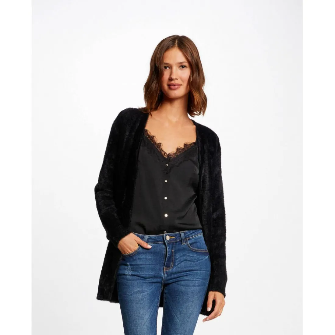 Gilet long maille duveteuse noir