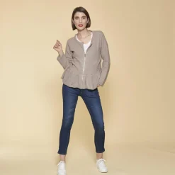 Gilet zippé manches longues bas volanté femme - Sable beige