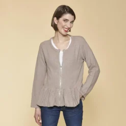 Gilet zippé manches longues bas volanté femme - Sable beige