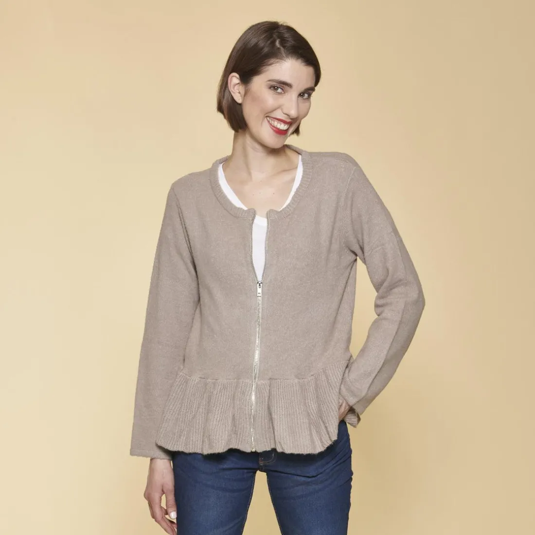 Gilet zippé manches longues bas volanté femme - Sable beige