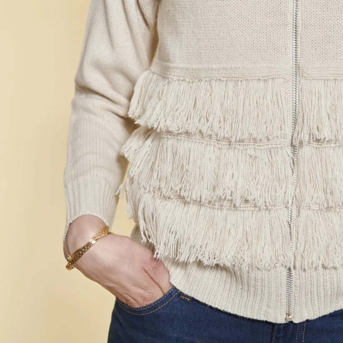 Gilet zippé manches longues et franges devant femme - Ivoire blanc