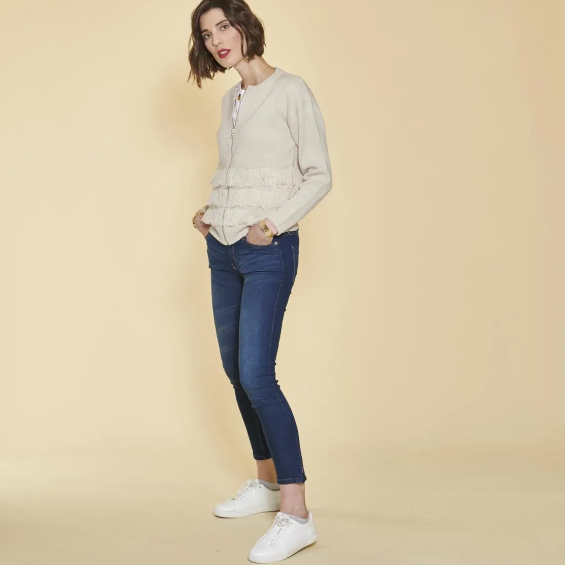 Gilet zippé manches longues et franges devant femme - Ivoire blanc