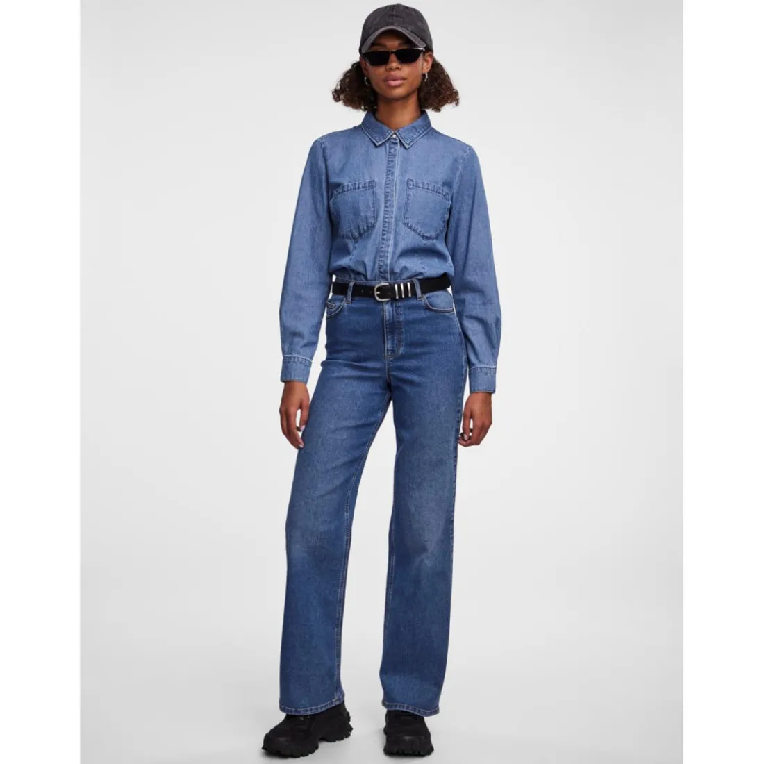Jean à coupe large braguette zippée bleu en coton Noor