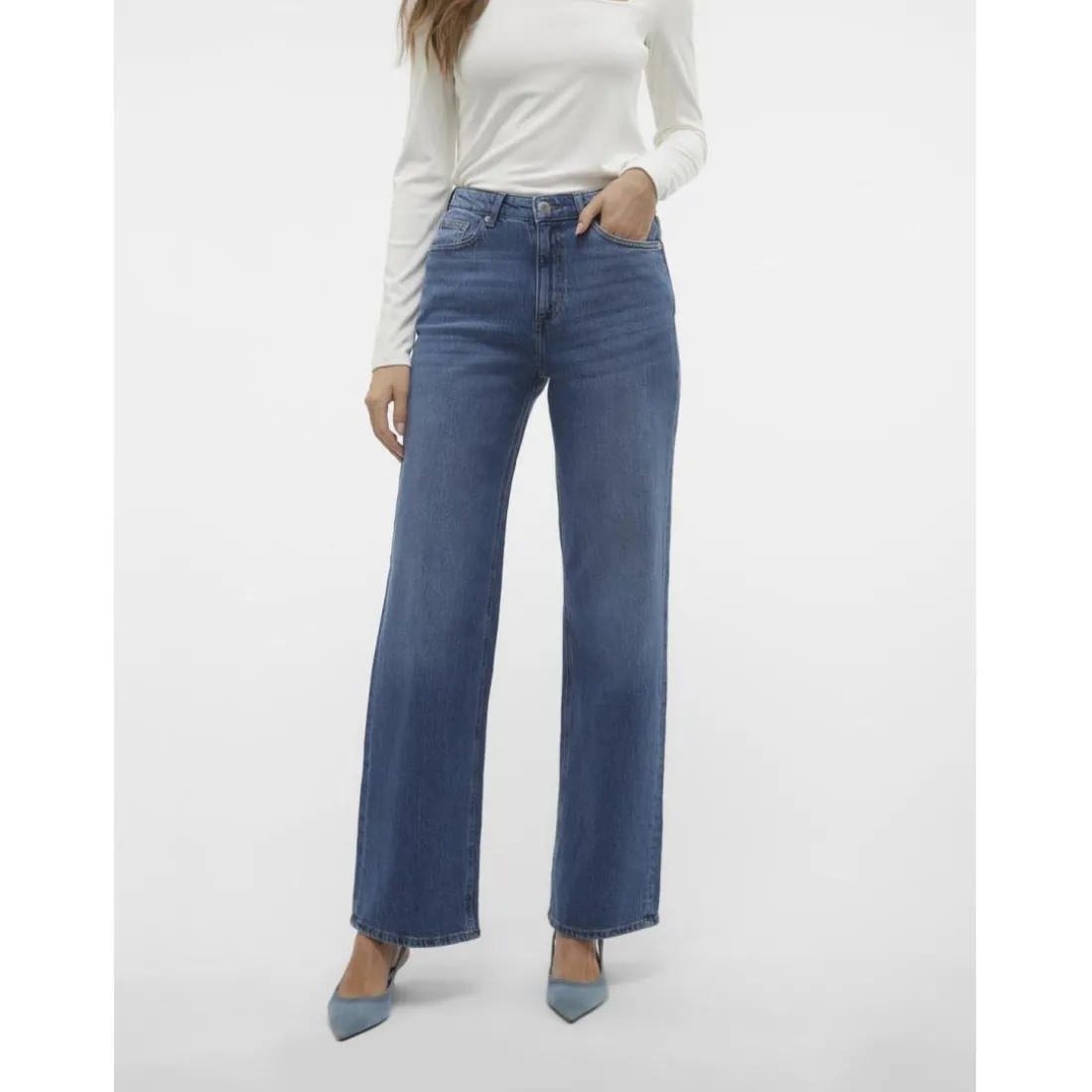 Jean à coupe large fermeture à boutons et à glissière taille haute bleu en coton Maud