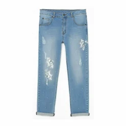 Jean 5 poches délavé déchirures et pierres femme - Bleu en coton
