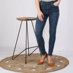 Jean avec perles fantaisie aspect déchiré et effiloché femme - Bleu en coton
