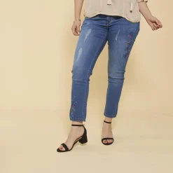 Jean coupe 5 poches aspect délavé déchirures et broderie grandes tailles femme - Bleu en coton