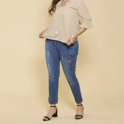 Jean coupe 5 poches aspect délavé déchirures et broderie grandes tailles femme - Bleu en coton