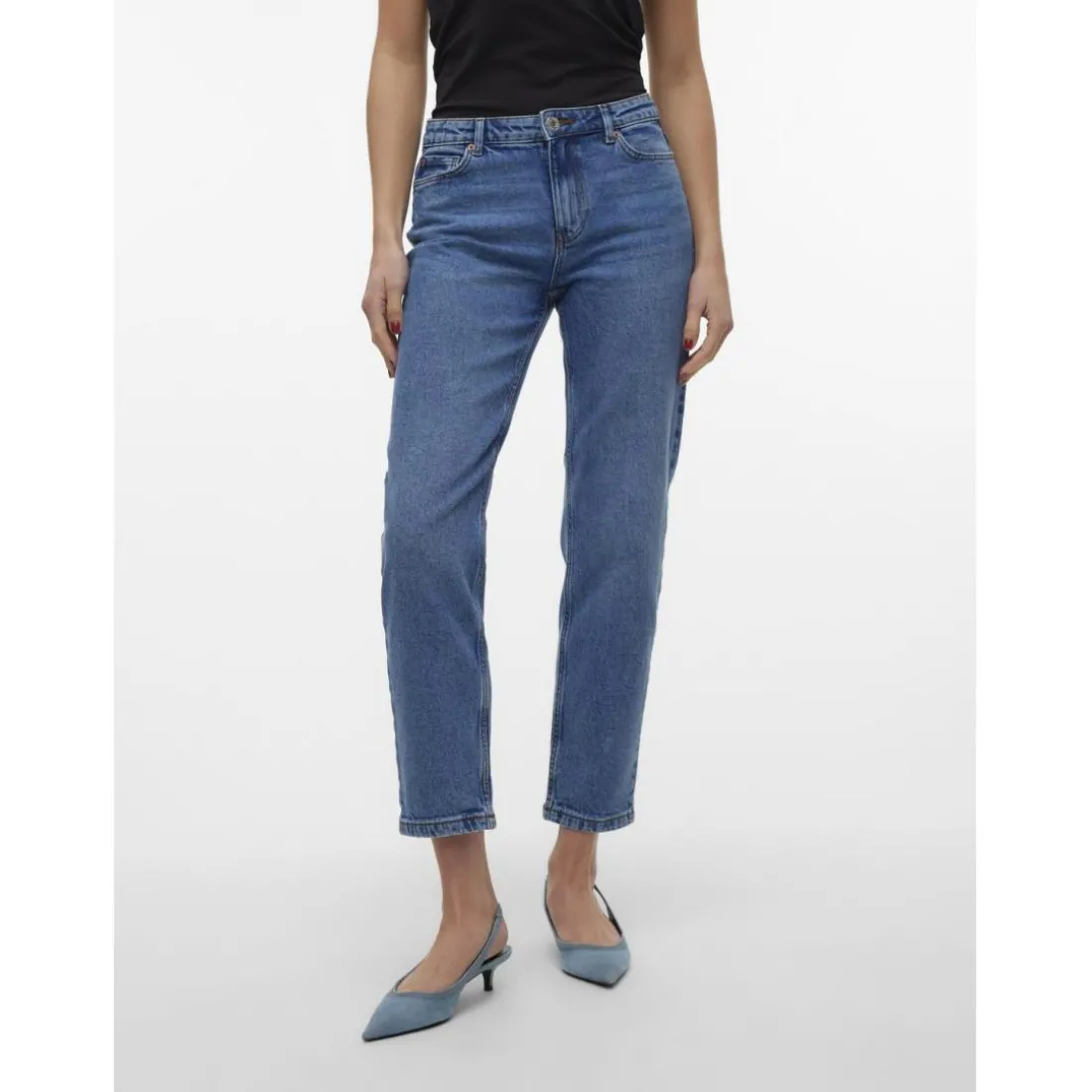 Jean coupe droite fermeture à boutons et à glissière taille moyenne bleu en coton Eva