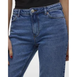 Jean coupe droite fermeture à boutons et à glissière taille moyenne bleu en coton Eva
