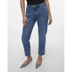 Jean coupe droite fermeture à boutons et à glissière taille moyenne bleu en coton Eva