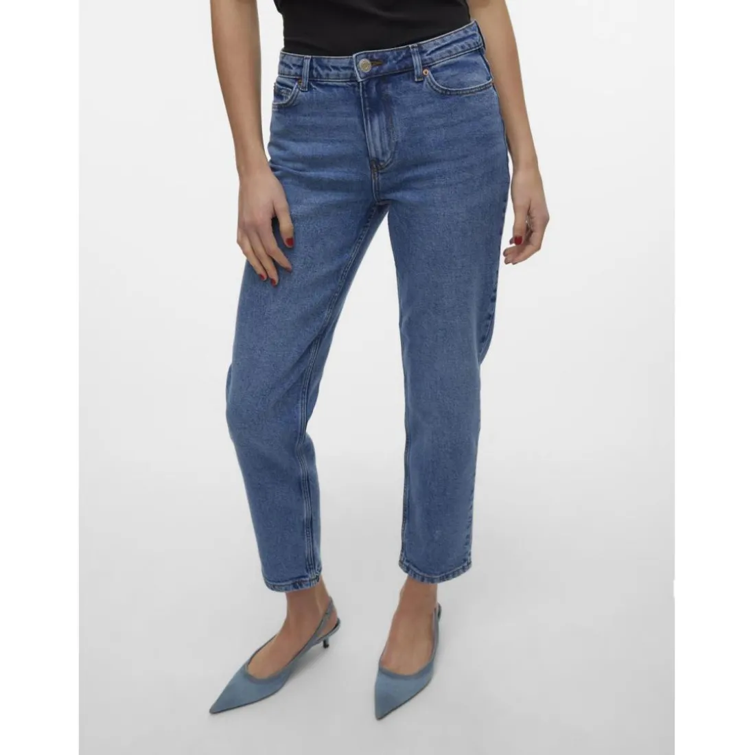 Jean coupe droite fermeture à boutons et à glissière taille moyenne bleu en coton Eva