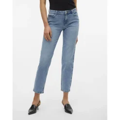 Jean coupe droite fermeture à boutons et à glissière taille moyenne bleu en coton Hana