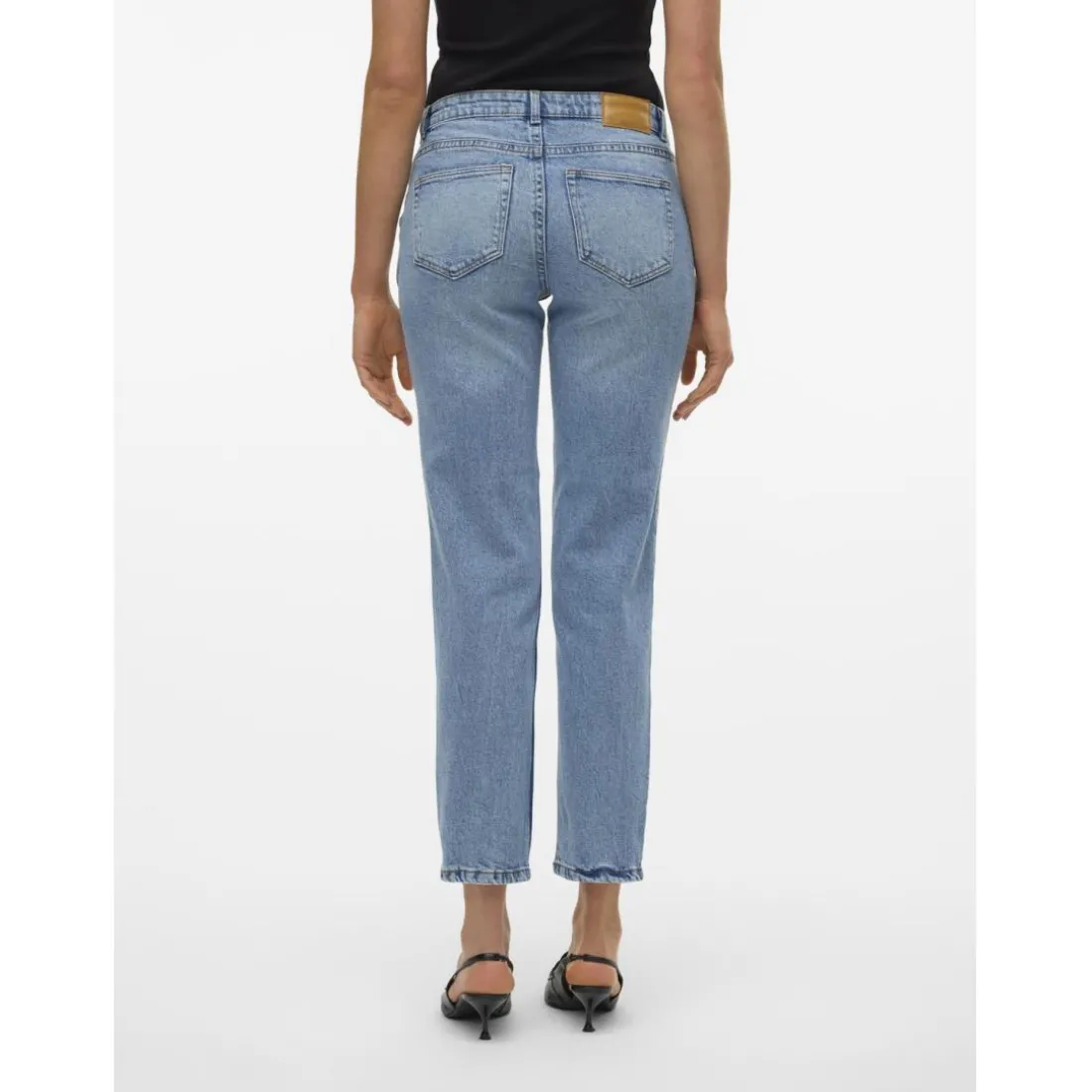 Jean coupe droite fermeture à boutons et à glissière taille moyenne bleu en coton Hana