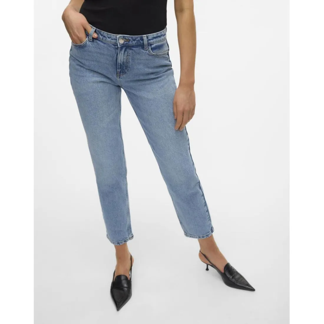 Jean coupe droite fermeture à boutons et à glissière taille moyenne bleu en coton Hana