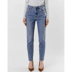 Jean coupe droite Straight Fit Taille haute Longueur cheville bleu en coton Yara