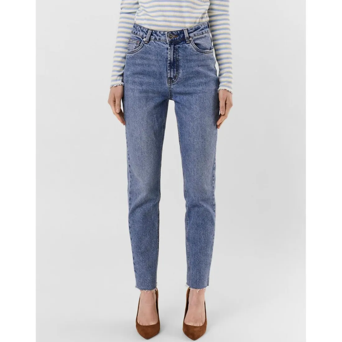Jean coupe droite Straight Fit Taille haute Longueur cheville bleu en coton Yara