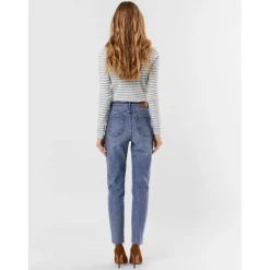 Jean coupe droite Straight Fit Taille haute Longueur cheville bleu en coton Yara