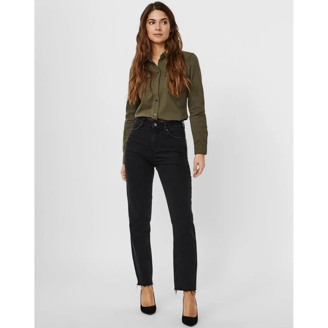 Jean coupe droite Straight Fit Taille haute Longueur cheville noir Ria