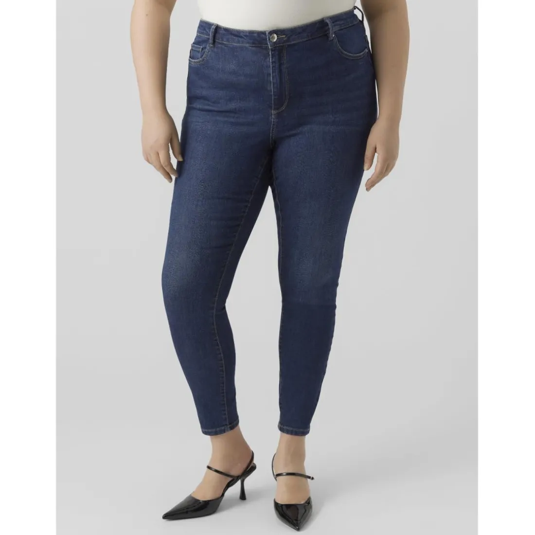 Jean fermeture à bouton et fermeture éclair cachée taille haute bleu en coton Mila