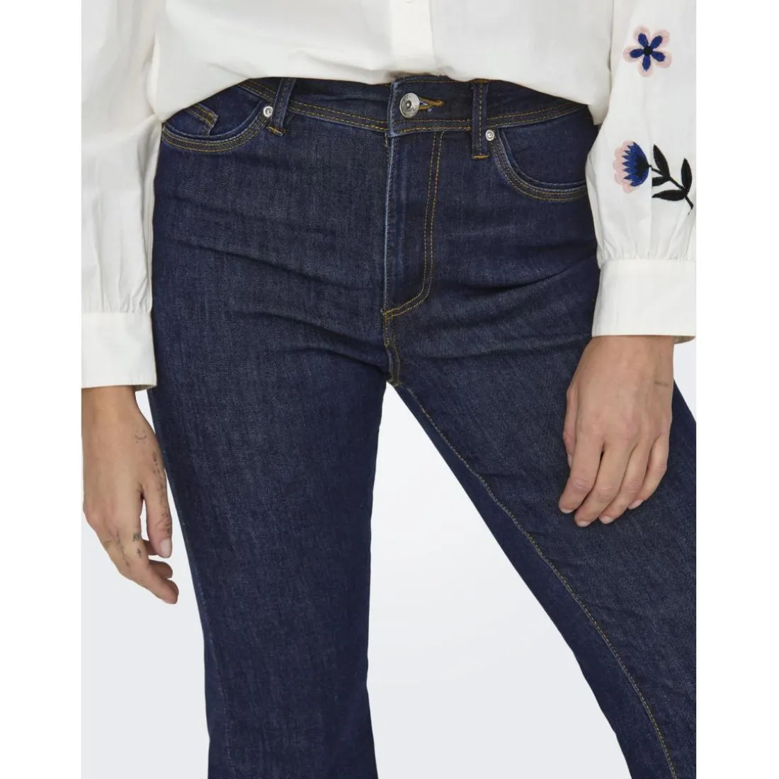 Jean flared braguette zippée taille haute bleu foncé en coton Ines