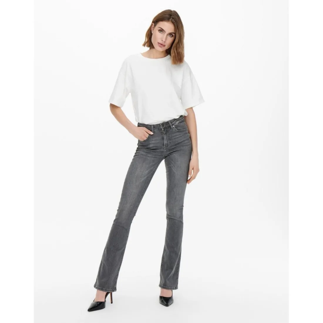 Jean flared Longueur cheville gris en coton