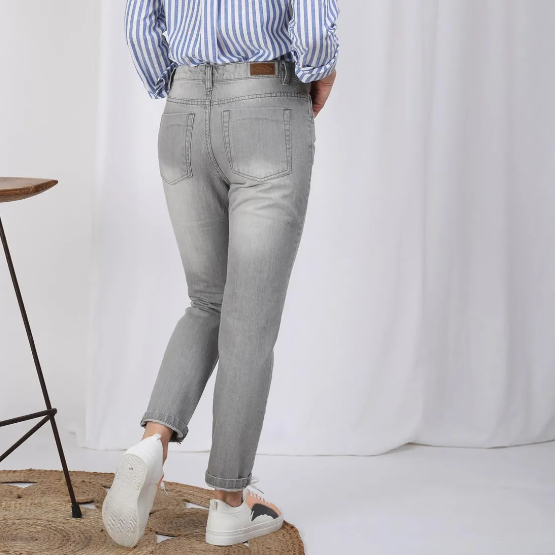 Jean large 5 poches déchiré devant femme - Denim Gris bleu en coton