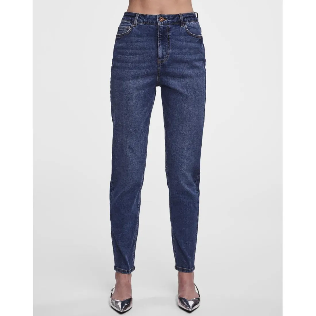 Jean mom braguette zippée bleu en coton Cate