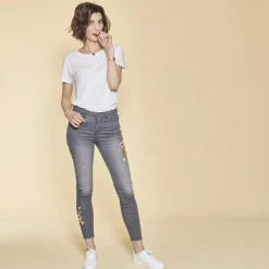 Jean skinny avec broderie et déchirures femme - gris foncé en coton