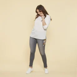 Jean skinny avec broderie et déchirures femme - gris foncé en coton