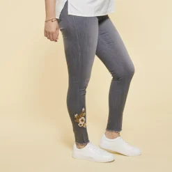 Jean skinny avec broderie et déchirures femme - gris foncé en coton