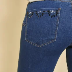 Jean skinny taille haute pierres fantaisie sur poche femme - bleu foncé