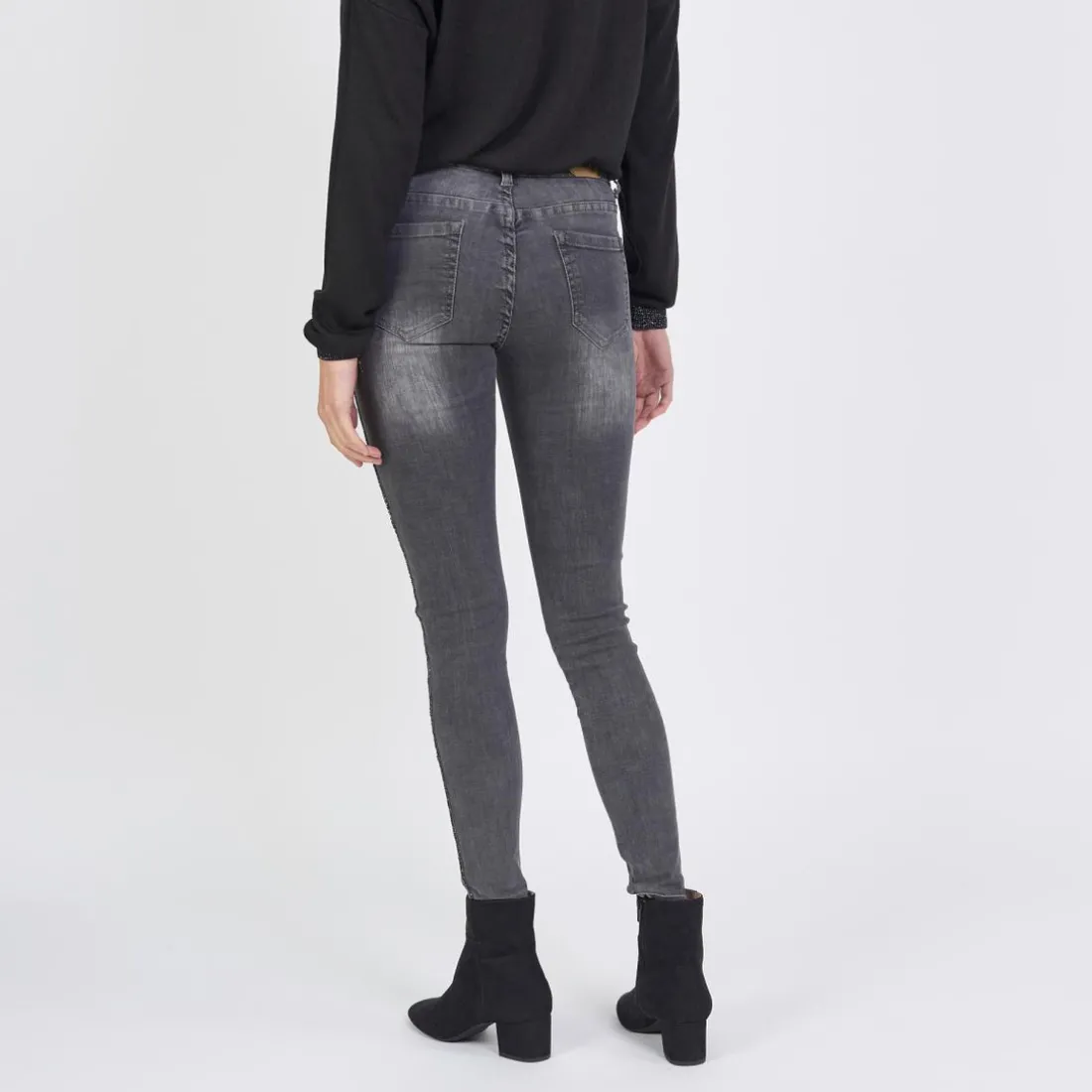 Jean slim avec bandes strass Emma en coton gris