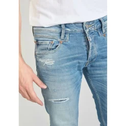 Jeans ajusté stretch 700/11, longueur 34 bleu en coton Leo