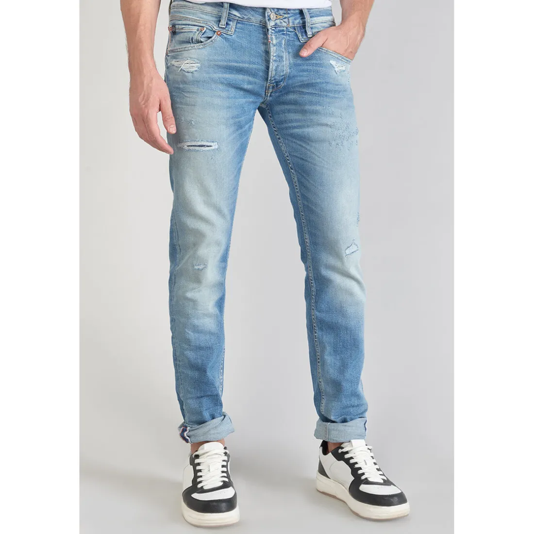 Jeans ajusté stretch 700/11, longueur 34 bleu en coton Leo