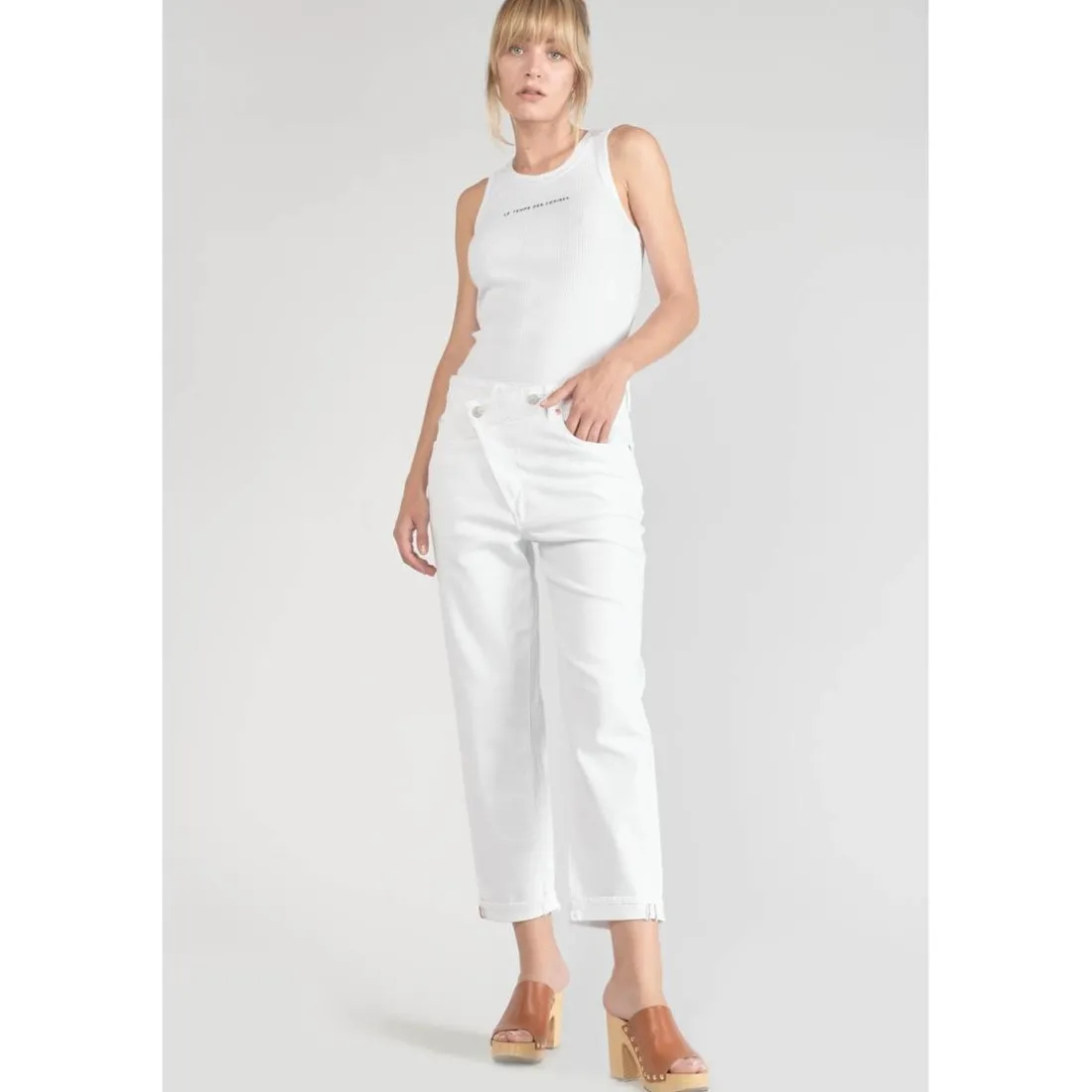 Jeans boyfit cosy, 7/8ème blanc en coton