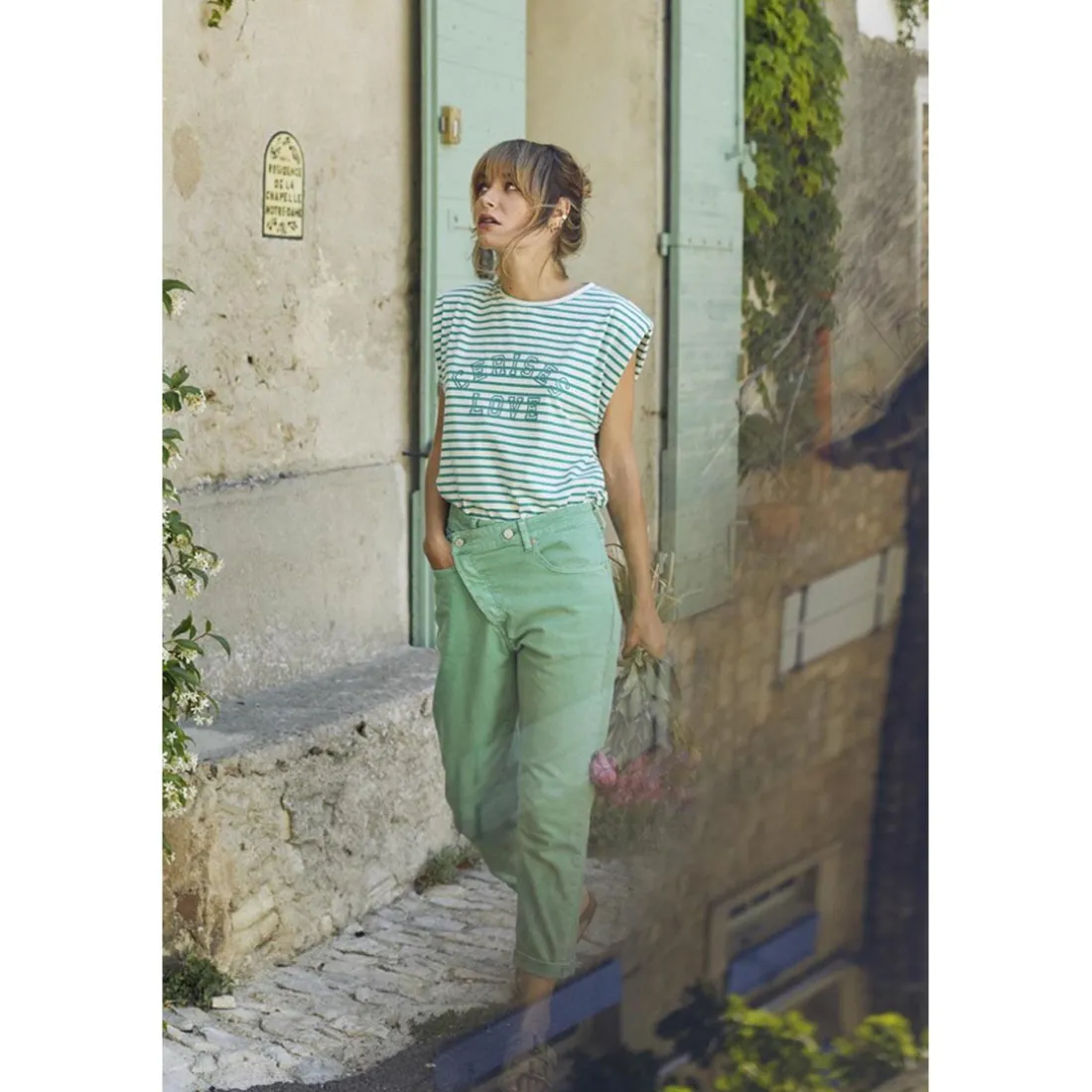 Jeans boyfit cosy, 7/8ème vert en coton Zadie